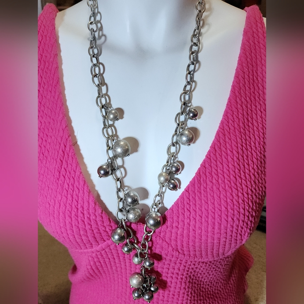 Boho Chunky Silver Toned Chain Necklace with Bobble Beads